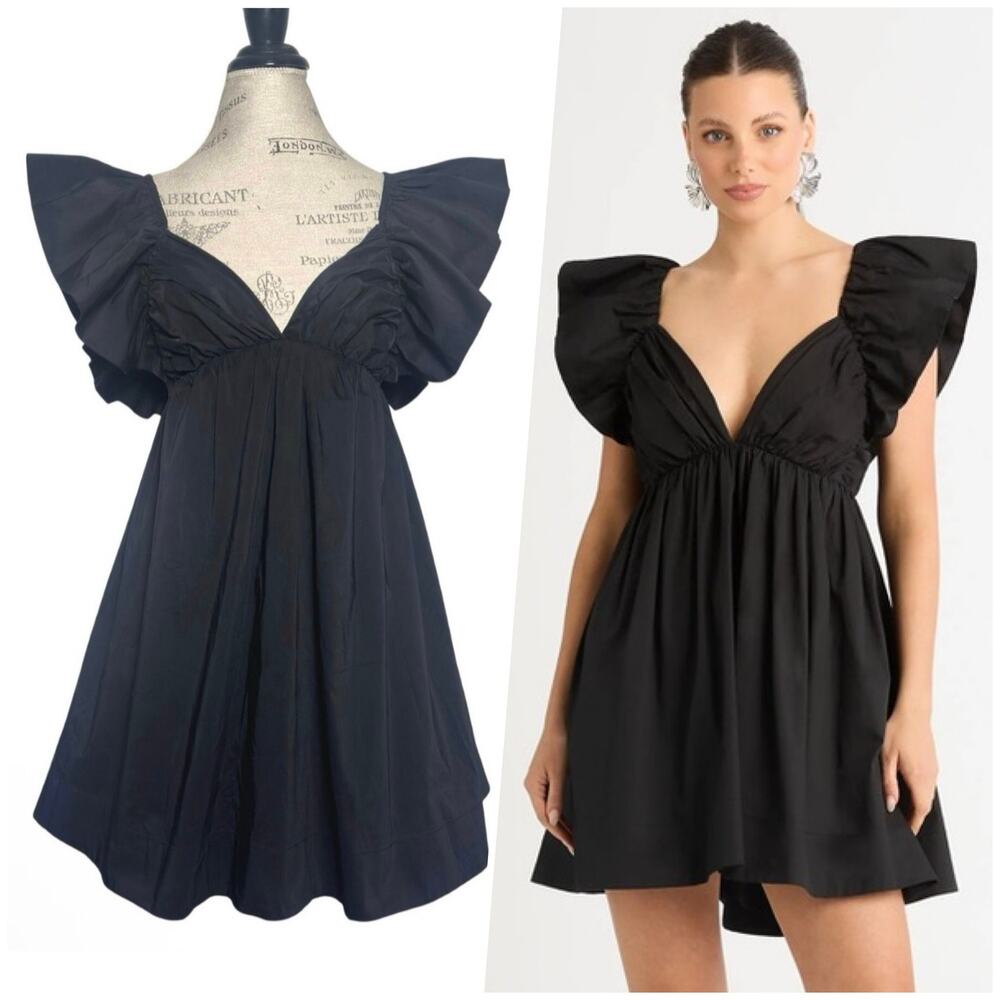 Day + Moon | Women | Black Flutter Sleeve Bow Tie Babydoll Mini Dress | Sz Small